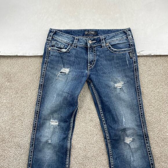 Silver Jeans Suki 17" Women Size 30 Bootcut Blue Distressed 33" Inseam 63-7 - Picture 3 of 9